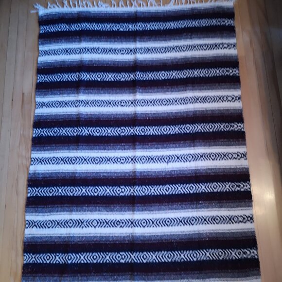 Mexican Blanket Heavy Weight Handmade Navy Cream Grey & Burgundy Patterned - Picture 1 of 4